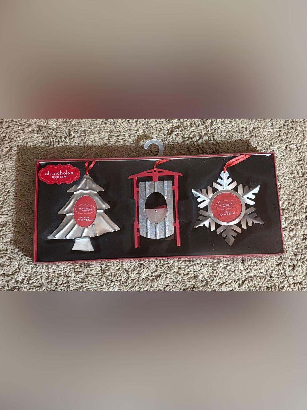 3 Boxed Metal Sled, Tree and Snowflake Photo Frame Christmas Ornaments